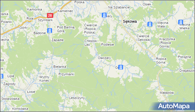 mapa Owczary gmina Sękowa, Owczary gmina Sękowa na mapie Targeo