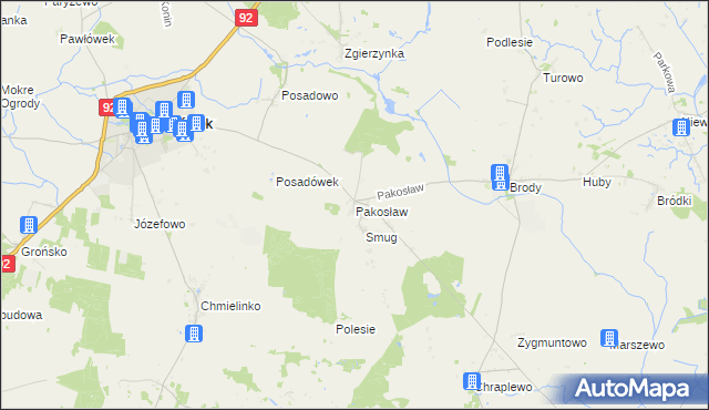 mapa Pakosław gmina Lwówek, Pakosław gmina Lwówek na mapie Targeo