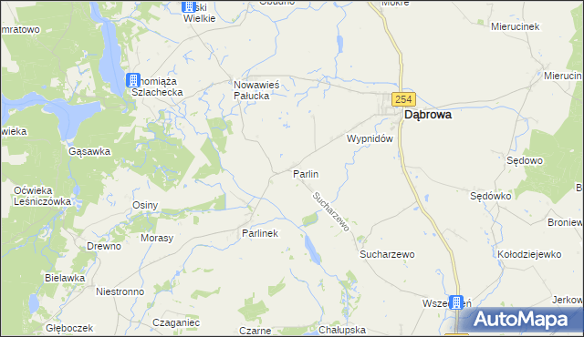 mapa Parlin gmina Dąbrowa, Parlin gmina Dąbrowa na mapie Targeo