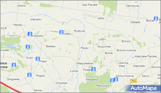 mapa Parski gmina Świnice Warckie, Parski gmina Świnice Warckie na mapie Targeo