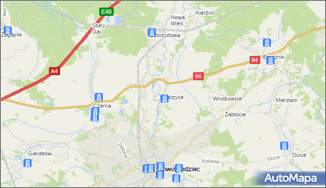 mapa Parzyce gmina Nowogrodziec, Parzyce gmina Nowogrodziec na mapie Targeo