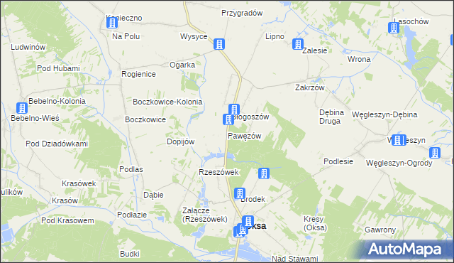 mapa Pawęzów gmina Oksa, Pawęzów gmina Oksa na mapie Targeo