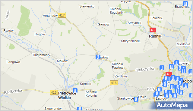 mapa Pawłów gmina Pietrowice Wielkie, Pawłów gmina Pietrowice Wielkie na mapie Targeo