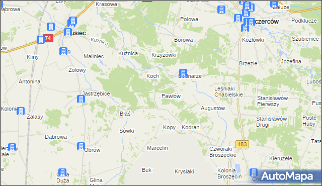 mapa Pawłów gmina Rusiec, Pawłów gmina Rusiec na mapie Targeo