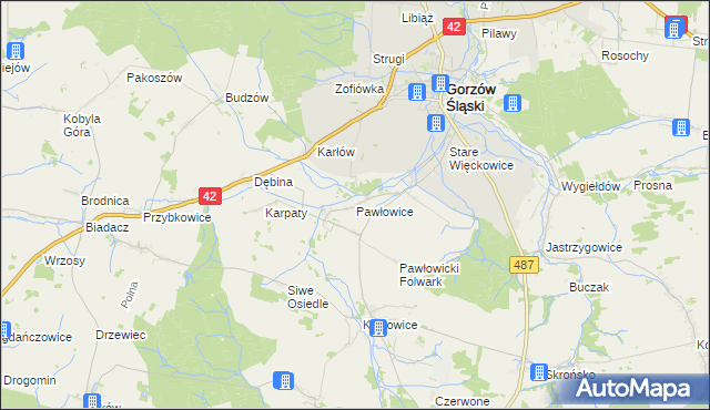 mapa Pawłowice gmina Gorzów Śląski, Pawłowice gmina Gorzów Śląski na mapie Targeo