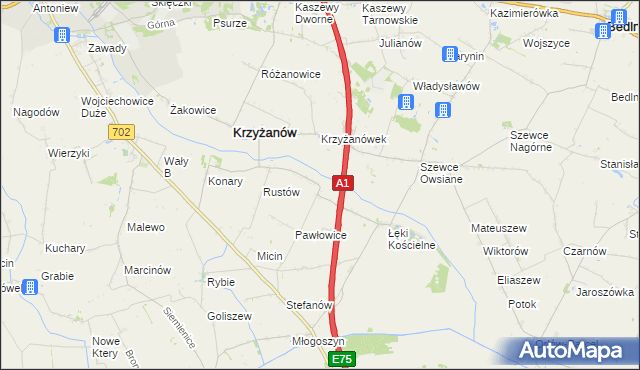 mapa Pawłowice gmina Krzyżanów, Pawłowice gmina Krzyżanów na mapie Targeo