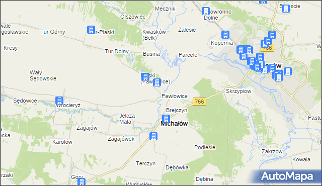 mapa Pawłowice gmina Michałów, Pawłowice gmina Michałów na mapie Targeo