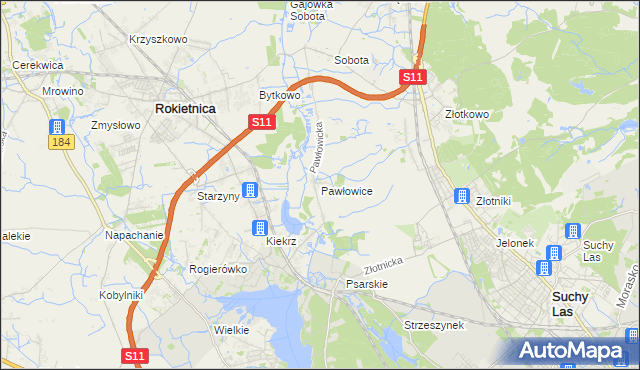 mapa Pawłowice gmina Rokietnica, Pawłowice gmina Rokietnica na mapie Targeo
