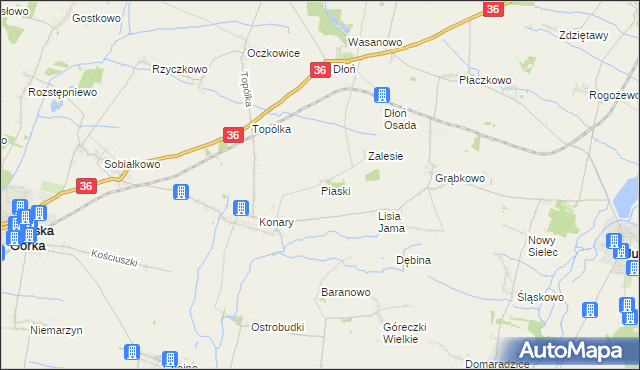 mapa Piaski gmina Miejska Górka, Piaski gmina Miejska Górka na mapie Targeo