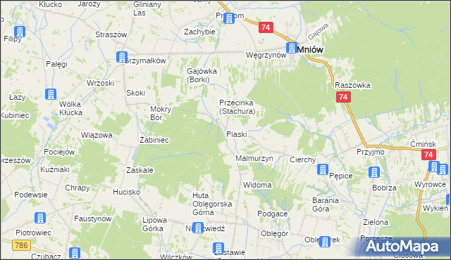 mapa Piaski gmina Mniów, Piaski gmina Mniów na mapie Targeo