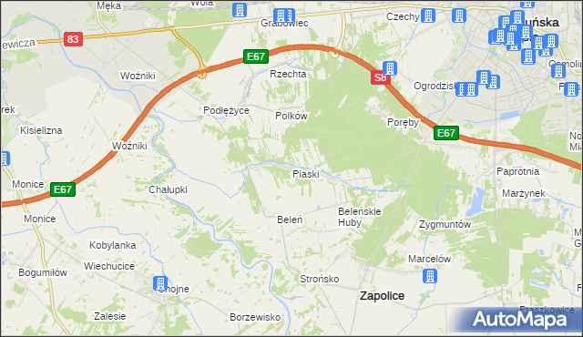 mapa Piaski gmina Zduńska Wola, Piaski gmina Zduńska Wola na mapie Targeo