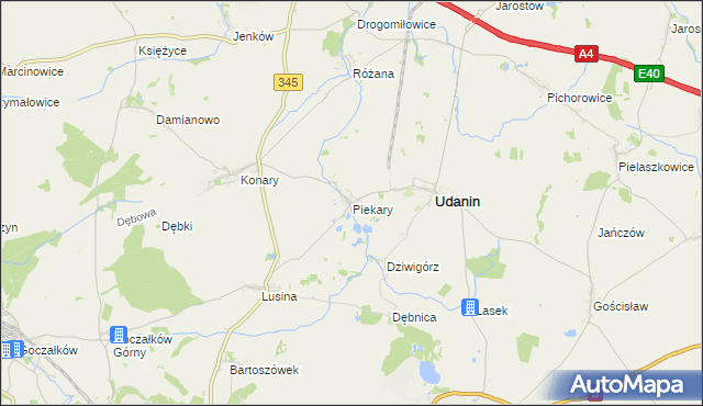 mapa Piekary gmina Udanin, Piekary gmina Udanin na mapie Targeo