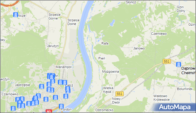 mapa Pień gmina Dąbrowa Chełmińska, Pień gmina Dąbrowa Chełmińska na mapie Targeo