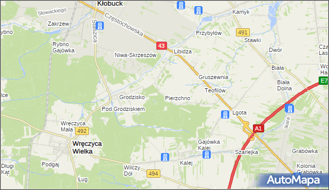 mapa Pierzchno gmina Wręczyca Wielka, Pierzchno gmina Wręczyca Wielka na mapie Targeo