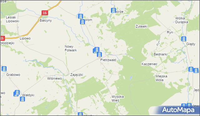 mapa Pietrzwałd gmina Ostróda, Pietrzwałd gmina Ostróda na mapie Targeo