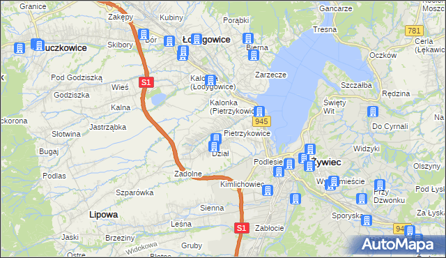 mapa Pietrzykowice gmina Łodygowice, Pietrzykowice gmina Łodygowice na mapie Targeo