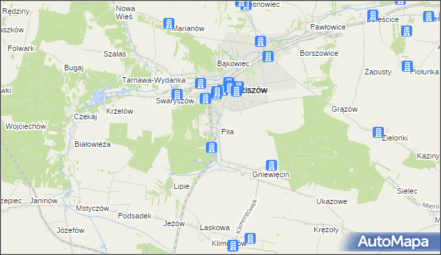 mapa Piła gmina Sędziszów, Piła gmina Sędziszów na mapie Targeo