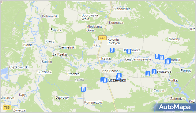 mapa Pilczyca gmina Kluczewsko, Pilczyca gmina Kluczewsko na mapie Targeo