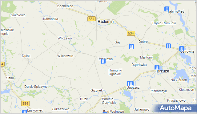 mapa Piórkowo gmina Radomin, Piórkowo gmina Radomin na mapie Targeo