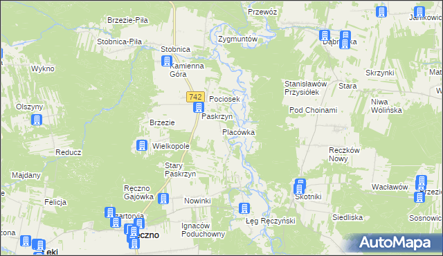 mapa Placówka gmina Ręczno, Placówka gmina Ręczno na mapie Targeo