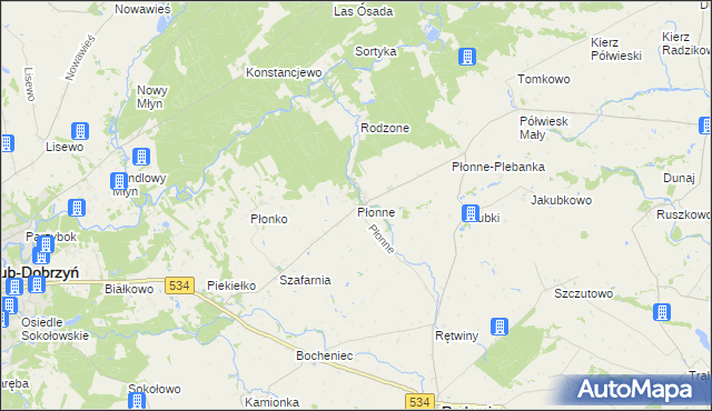 mapa Płonne gmina Radomin, Płonne gmina Radomin na mapie Targeo