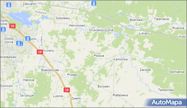 mapa Płoskie gmina Zabłudów, Płoskie gmina Zabłudów na mapie Targeo