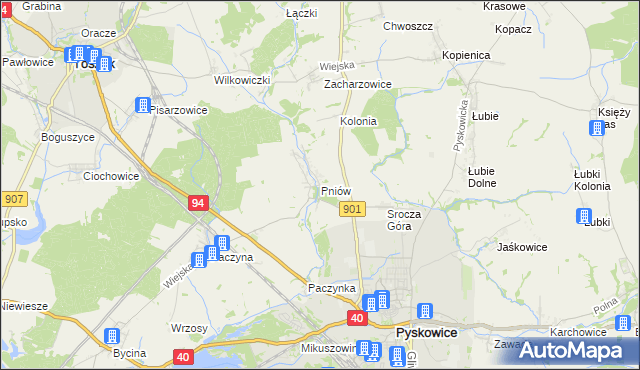 mapa Pniów gmina Toszek, Pniów gmina Toszek na mapie Targeo