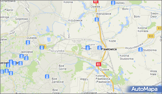 mapa Pniówek gmina Pawłowice, Pniówek gmina Pawłowice na mapie Targeo