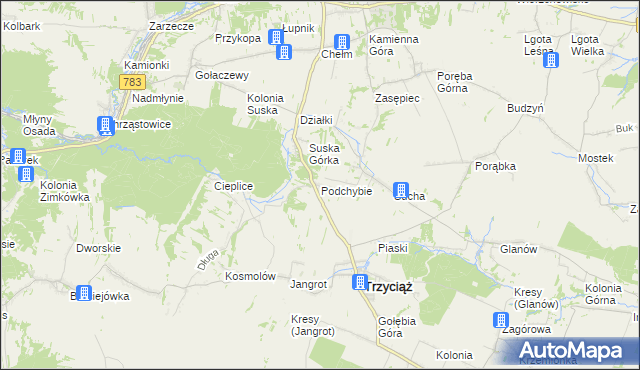 mapa Podchybie gmina Trzyciąż, Podchybie gmina Trzyciąż na mapie Targeo