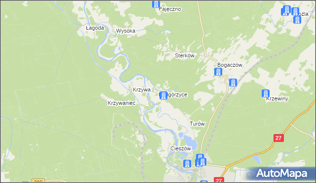 mapa Podgórzyce gmina Nowogród Bobrzański, Podgórzyce gmina Nowogród Bobrzański na mapie Targeo