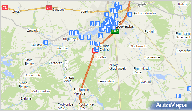 mapa Podlas gmina Rawa Mazowiecka, Podlas gmina Rawa Mazowiecka na mapie Targeo