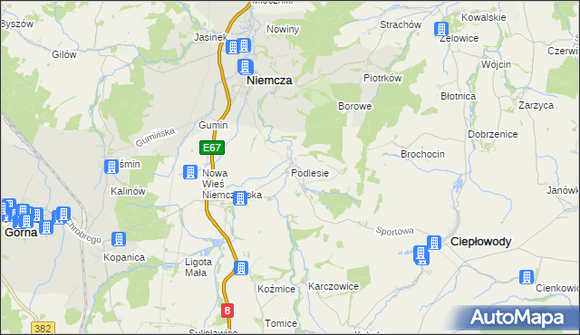 mapa Podlesie gmina Niemcza, Podlesie gmina Niemcza na mapie Targeo