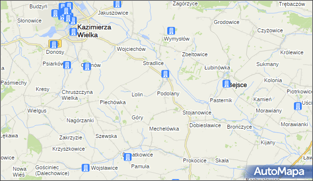 mapa Podolany gmina Kazimierza Wielka, Podolany gmina Kazimierza Wielka na mapie Targeo