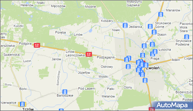 mapa Podzagajnik gmina Zwoleń, Podzagajnik gmina Zwoleń na mapie Targeo