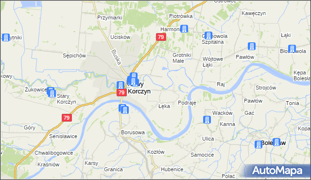 mapa Podzamcze gmina Nowy Korczyn, Podzamcze gmina Nowy Korczyn na mapie Targeo