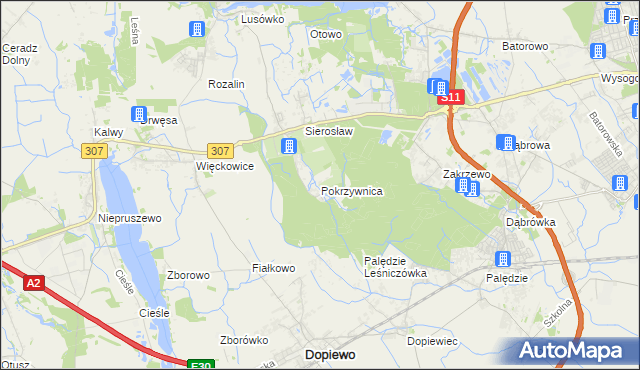 mapa Pokrzywnica gmina Dopiewo, Pokrzywnica gmina Dopiewo na mapie Targeo