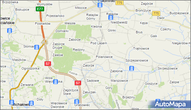 mapa Polanowice gmina Słomniki, Polanowice gmina Słomniki na mapie Targeo