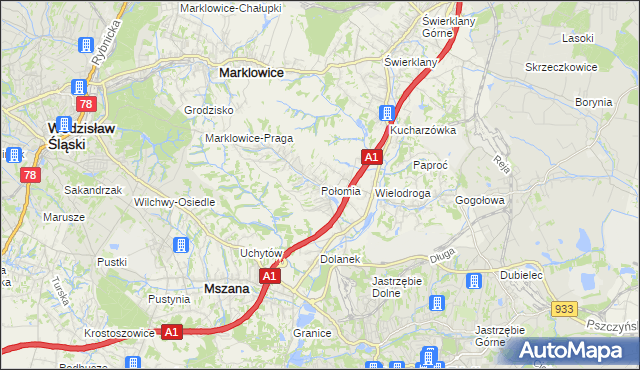 mapa Połomia gmina Mszana, Połomia gmina Mszana na mapie Targeo