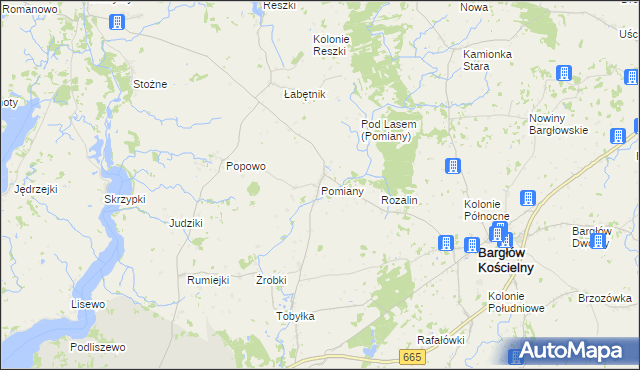 mapa Pomiany gmina Bargłów Kościelny, Pomiany gmina Bargłów Kościelny na mapie Targeo