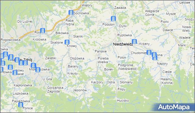 mapa Poręba Wielka gmina Niedźwiedź, Poręba Wielka gmina Niedźwiedź na mapie Targeo