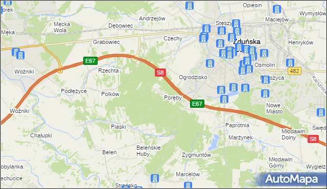 mapa Poręby gmina Zduńska Wola, Poręby gmina Zduńska Wola na mapie Targeo