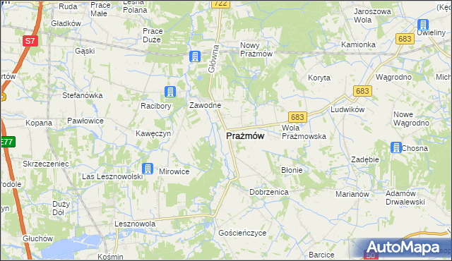 mapa Prażmów powiat piaseczyński, Prażmów powiat piaseczyński na mapie Targeo