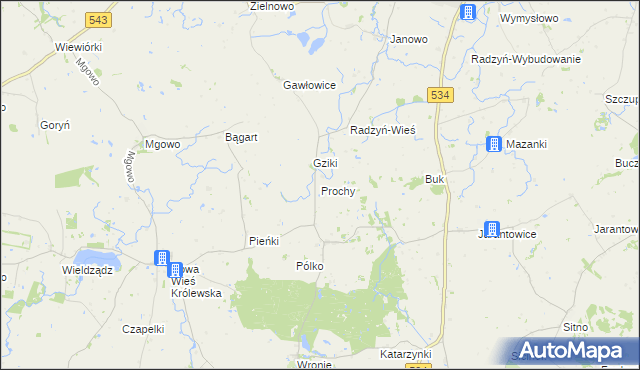 mapa Prochy gmina Ryńsk, Prochy gmina Ryńsk na mapie Targeo