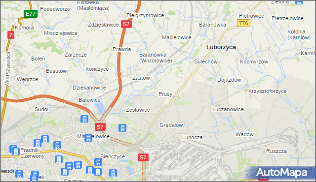 mapa Prusy gmina Kocmyrzów-Luborzyca, Prusy gmina Kocmyrzów-Luborzyca na mapie Targeo