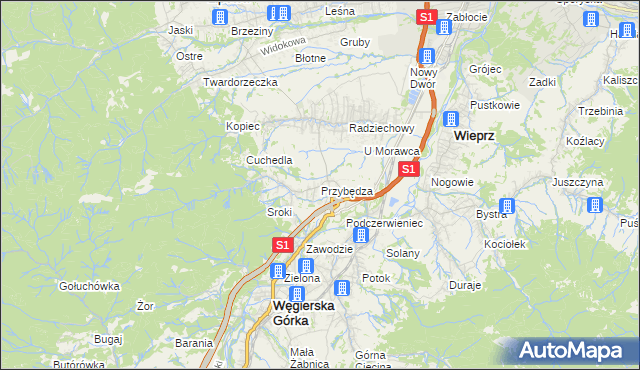 mapa Przybędza, Przybędza na mapie Targeo