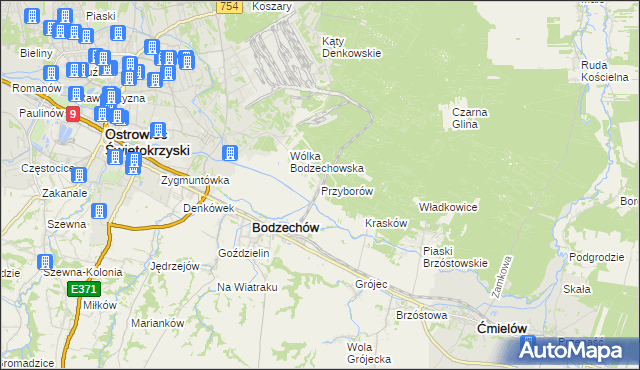 mapa Przyborów gmina Bodzechów, Przyborów gmina Bodzechów na mapie Targeo