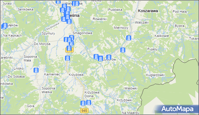 mapa Przyborów gmina Jeleśnia, Przyborów gmina Jeleśnia na mapie Targeo