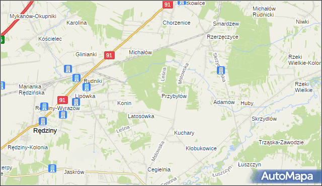 mapa Przybyłów gmina Kłomnice, Przybyłów gmina Kłomnice na mapie Targeo