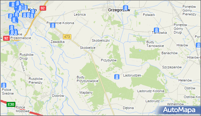 mapa Przybyłów gmina Koło, Przybyłów gmina Koło na mapie Targeo