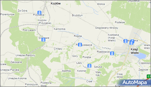 mapa Przybysławice gmina Kozłów, Przybysławice gmina Kozłów na mapie Targeo